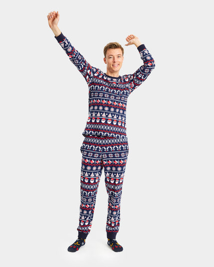 Pyjama de Noël unisexe adulte bleu avec Père Noël, sapins et cœurs