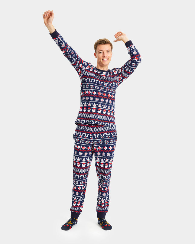 Pyjama de Noël unisexe adulte bleu avec Père Noël, sapins et cœurs