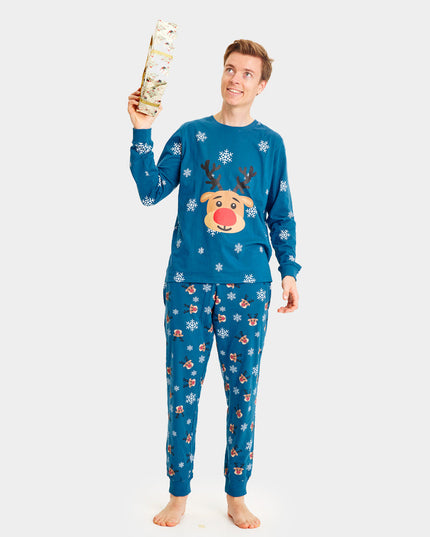 Pyjama de Noël unisexe adulte bleu avec Rudolph le renne