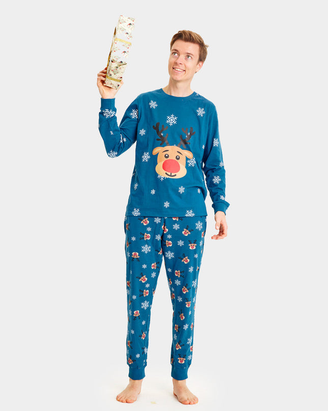 Pyjama de Noël unisexe adulte bleu avec Rudolph le renne