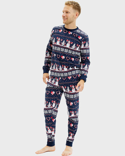 Unisex Adult Christmas Pajamas in Blue with Snowmen and Hearts