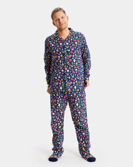 Pyjama de Noël unisexe adulte bleu à motifs festifs