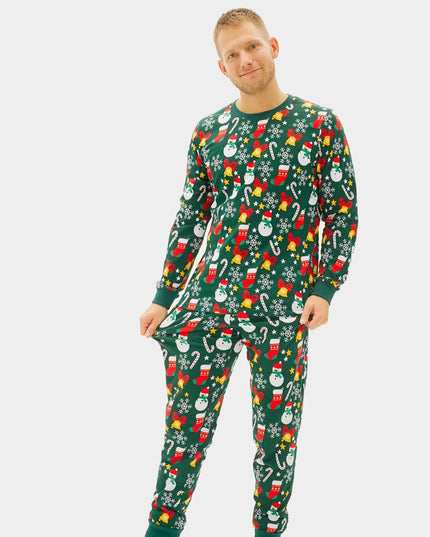 Pyjama de Noël unisexe adulte vert à motifs festifs
