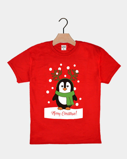 T-shirt de Noël rouge pour enfants avec motif pingouin