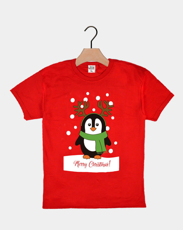 T-shirt de Noël rouge pour enfants avec motif pingouin
