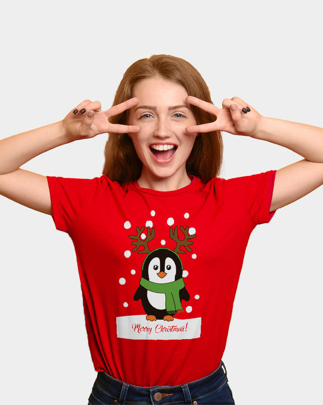 T-shirt rouge de Noël pour hommes et femmes avec un pingouin