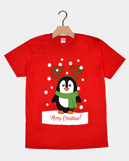 T-shirt rouge de Noël pour hommes et femmes avec un pingouin