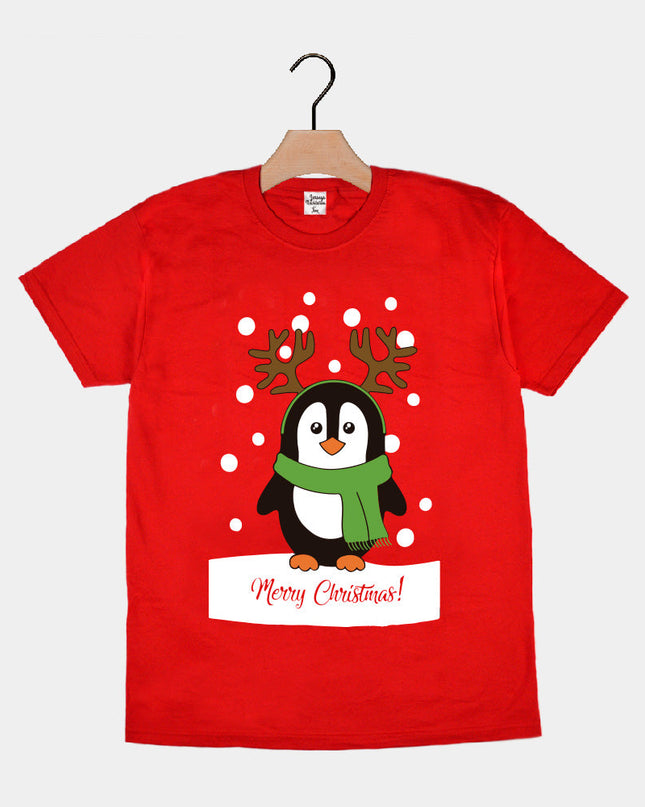 T-shirt rouge de Noël pour hommes et femmes avec un pingouin