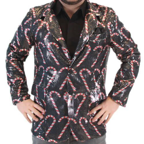 Veste blazer de Noël moche à paillettes et cannes de Noël