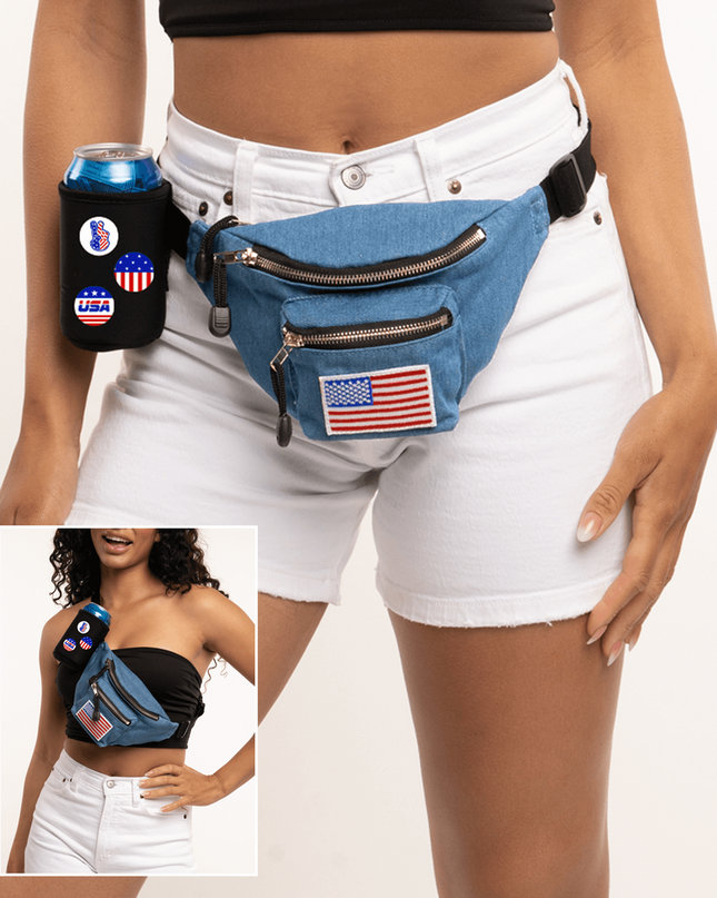 Blue Jean Buckle Fanny Pack with Drink Holder