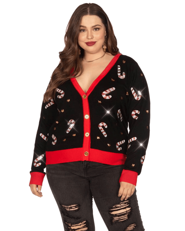 Women's Sequin Candy Cane Plus Size Cardigan Sweater