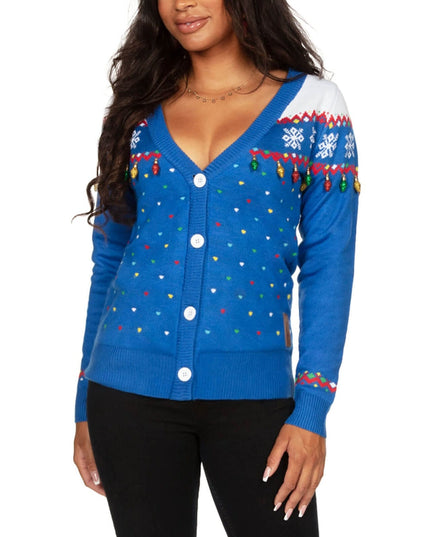 Women's Blue Christmas Lights Cardigan Sweater