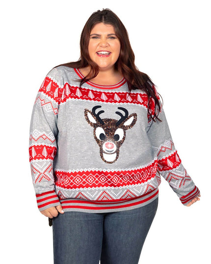 Women's Sequin Rudolph Light Up Plus Size Ugly Christmas Sweater