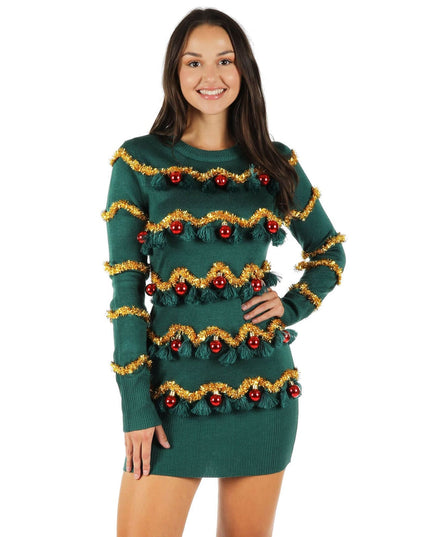 Women's Tinsel Tree Christmas Sweater Dress